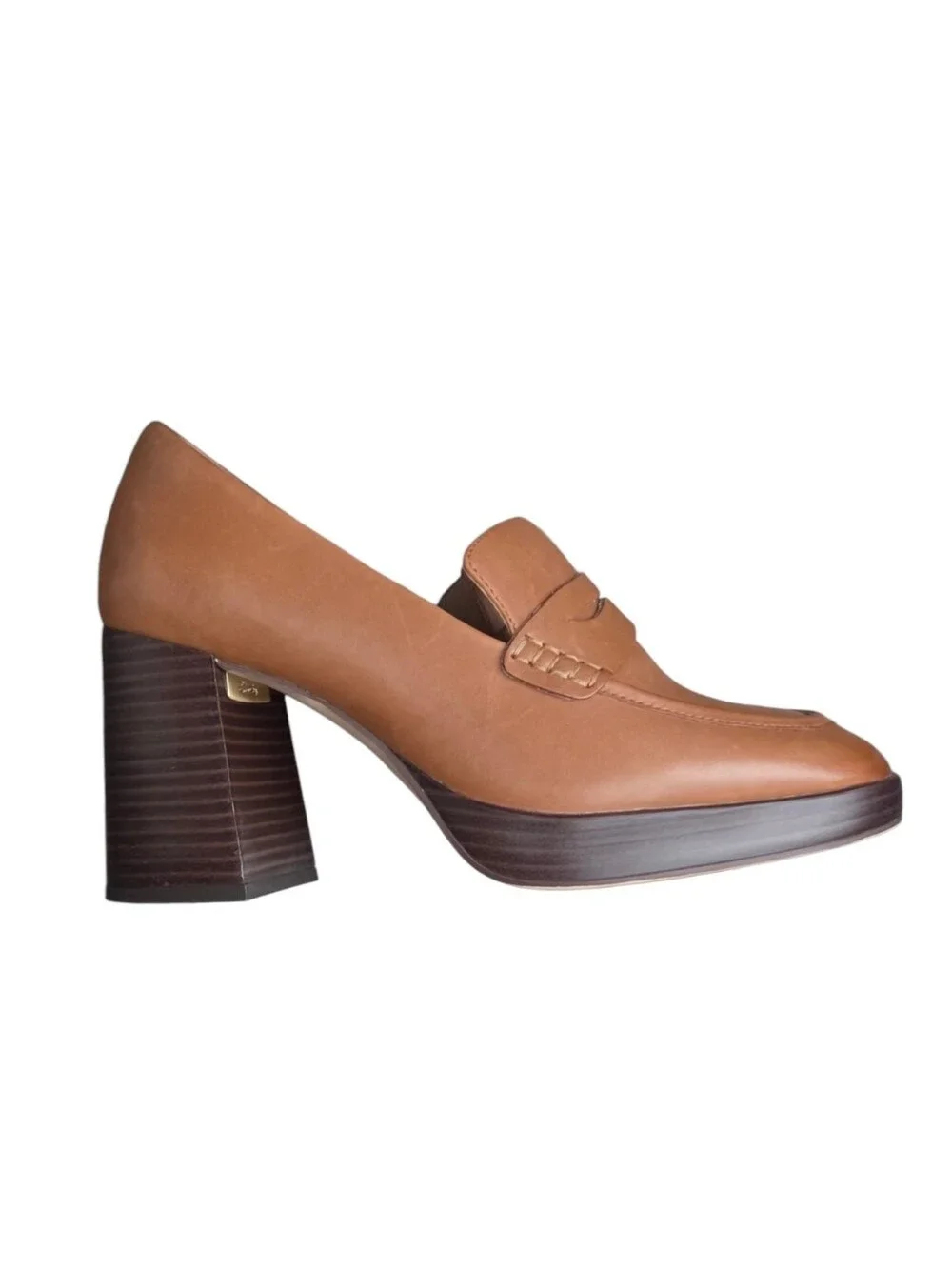 Clarks Zoya 85 Tan Leather Chunky Block Heel Penny Loafers Size 9.5 90s Retro